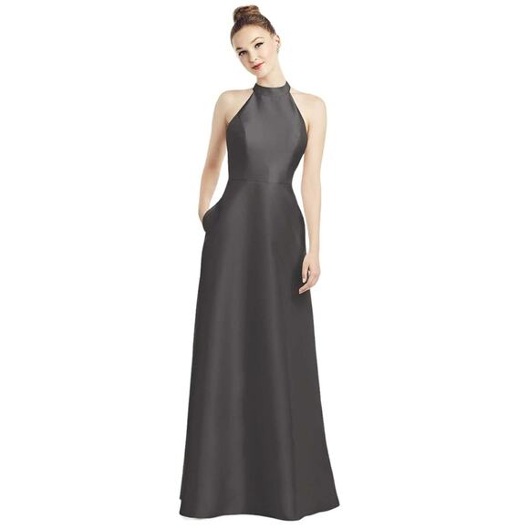 ALFRED SUNG High Neck Cut-out Back Gown with Pockets in Caviar Grey - Picture 2 of 10